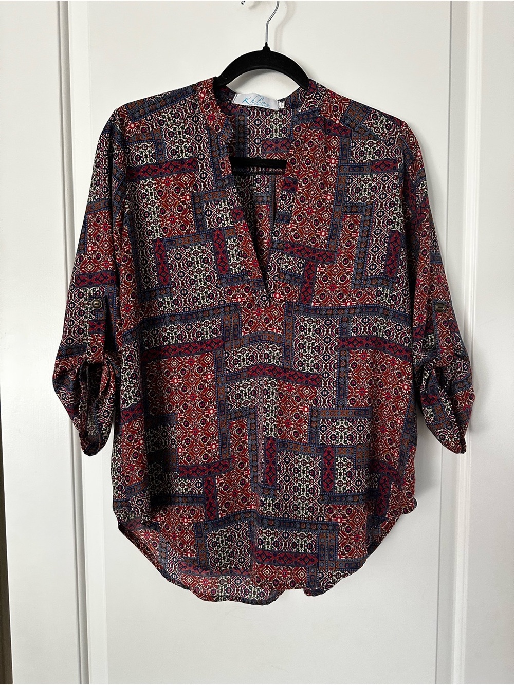 Patchwork-Print V-Neck Tunic Top in Red and Navy